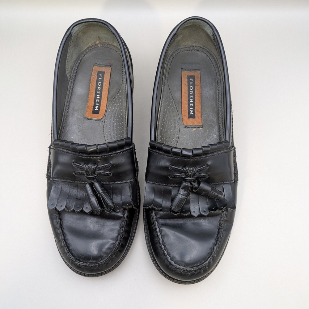 Vintage Florsheim 18075 Black Leather Kiltie Tassel Loafers Men Size 7D